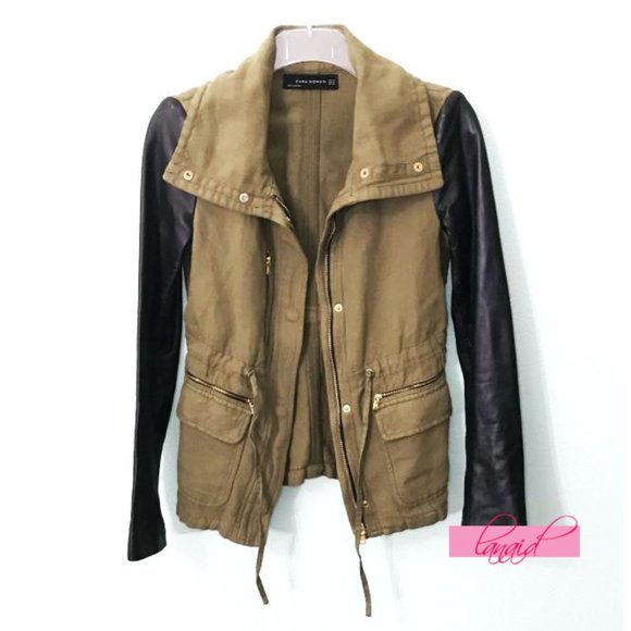 Zara Linen Lamb Leather Jacket Army Olive Green Utility Moto Edgy Biker Coat XS - Picture 9 of 16